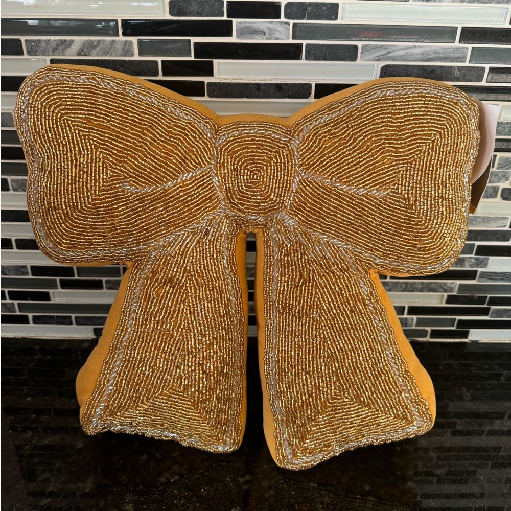 Glitz And Glimmer Beaded Bow Gold Pillow